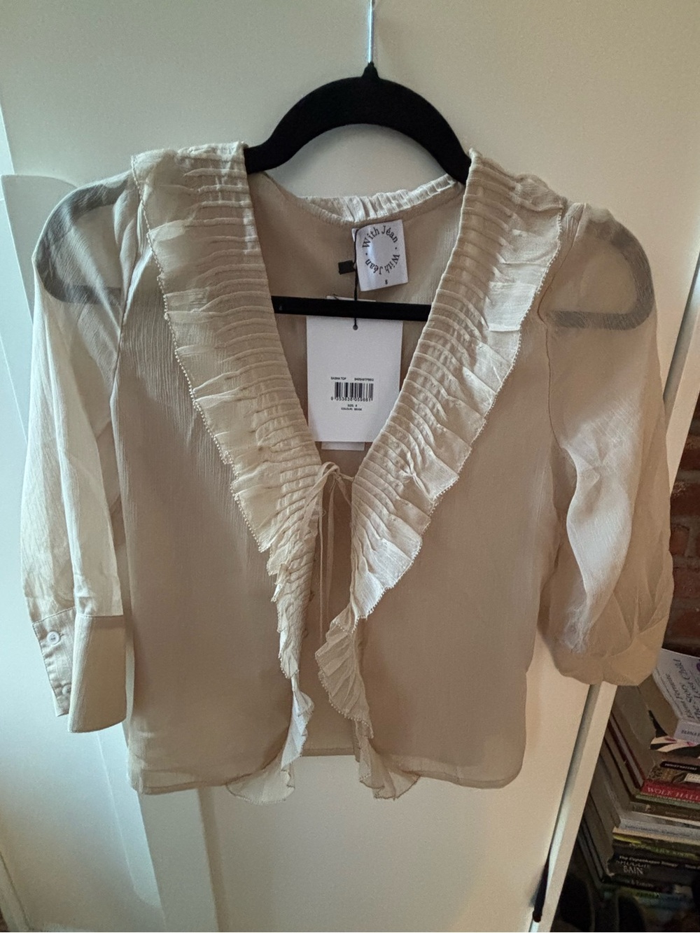 With Jean Sasha Beige Ruffle-Trim Sheer Blouse in